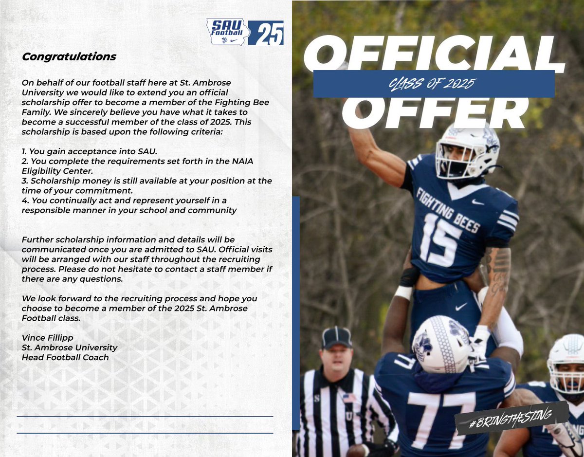 Extremely blessed to receive to another offer for St. Ambrose University 
<a href="/HitterFootball/">Hitter Football</a> 
<a href="/SAU_CoachQ/">DeQuinn Watford</a> 
<a href="/EDGYTIM/">Timothy “EDGYTIM” OHalloran</a> 
<a href="/PrepRedzoneIL/">Prep Redzone Illinois</a> 
<a href="/CSAPrepStar/">PREPSTAR</a>