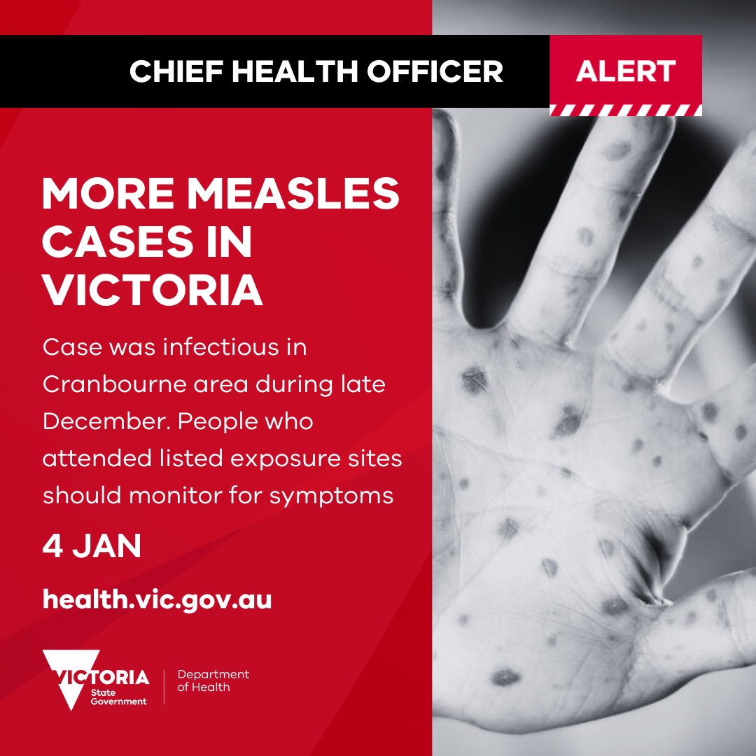 A new case of measles has been reported in Victoria who was infectious in the Cranbourne area during late December.
 
This is in addition to three recent Victorian measles cases linked to travel to South-East Asia.
 
More: go.vic.gov.au/4gH5xGR
 
🧵 1/5