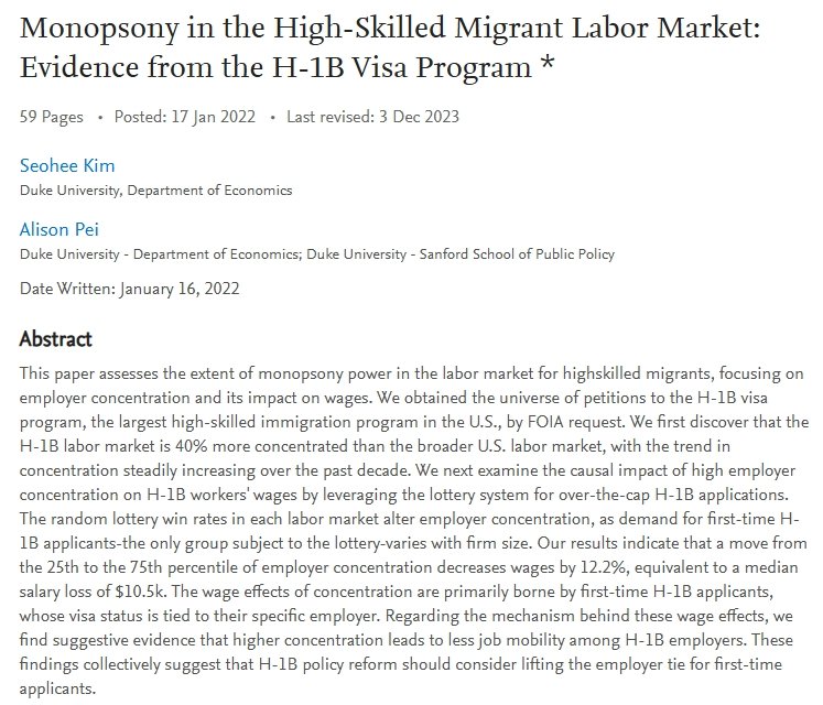 The H-1B labor market is 40% more concentrated than the broader US labor market.

This employer concentration decreases wages by 12.2% (median salary loss of $10.5k) and is primarily borne by first-time H-1B applicants whose visa status is tied to their specific employer.