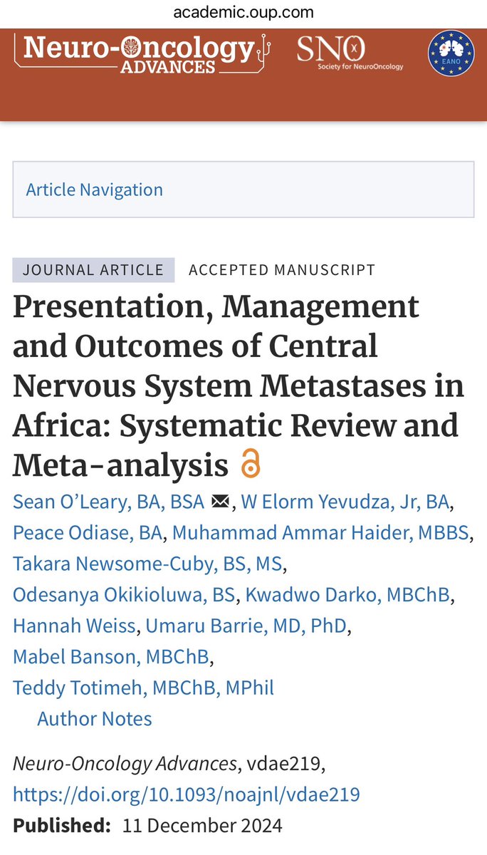 Umaru Barrie, MD, PhD (@mansabarrie) on Twitter photo CNS metastases remain a critical health challenge in Africa. Our review sheds light emphasizes the need for better diagnostics & treatments.
Grateful to our great team, led by <a href="/SeanMNOLeary/">Sean O'Leary</a> & <a href="/elorm_y/">Elorm Yevudza</a> for making this possible.
Dive into the findings:
academic.oup.com/noa/advance-ar… CNS metastases remain a critical health challenge in Africa. Our review sheds light emphasizes the need for better diagnostics & treatments.
Grateful to our great team, led by <a href="/SeanMNOLeary/">Sean O'Leary</a> & <a href="/elorm_y/">Elorm Yevudza</a> for making this possible.
Dive into the findings:
academic.oup.com/noa/advance-ar…