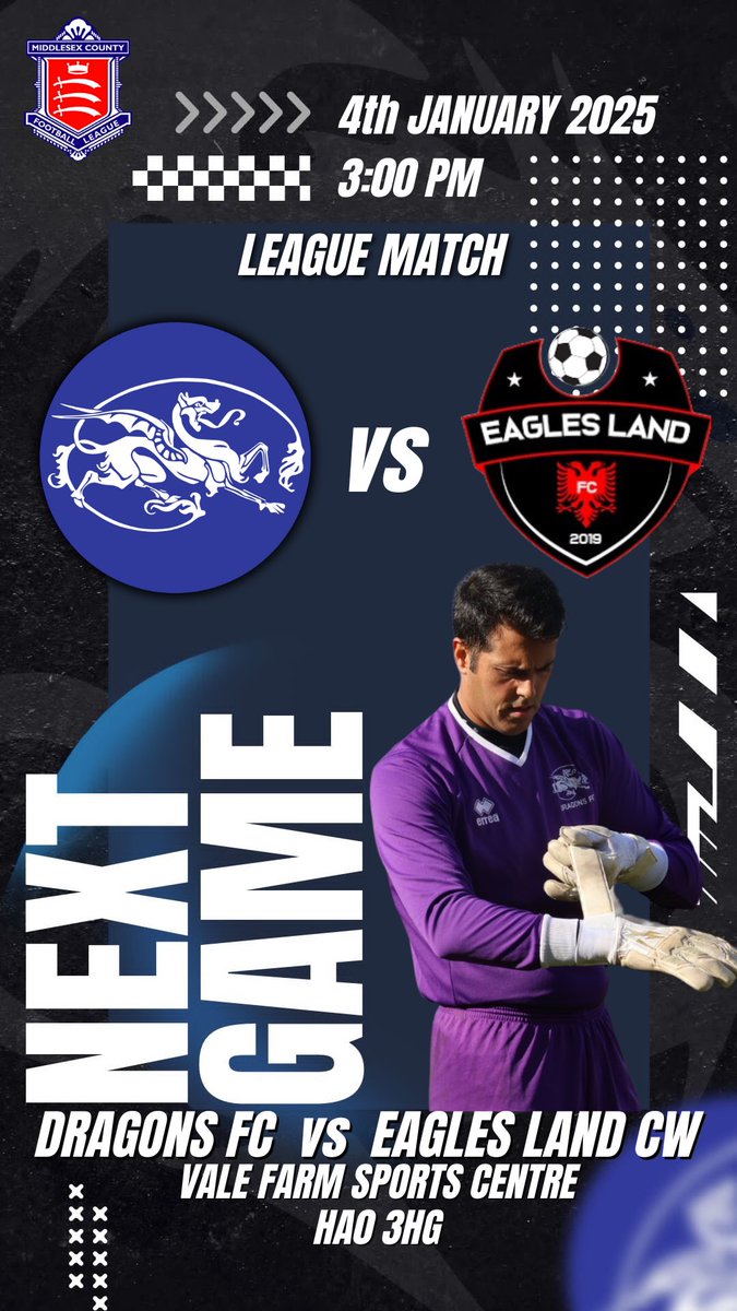 Kensington Dragons FC (@kendragonsfc) on Twitter photo 🚨 1st Match of 2025 🚨
We are back in action this weekend⚽️
1st Team Match Details:
🗓️04/01/2025
🏆Middlesex Premier Div
⏱️3:00PM Kick Off
🆚<a href="/EaglesLandFC/">Eagles Land FC</a>
🏟️ Vale farm sports centre
Watford road,
North Wembley, Wembley
HA0 3HG
🎟️ £0
#groundhopper 🚨 1st Match of 2025 🚨
We are back in action this weekend⚽️
1st Team Match Details:
🗓️04/01/2025
🏆Middlesex Premier Div
⏱️3:00PM Kick Off
🆚<a href="/EaglesLandFC/">Eagles Land FC</a>
🏟️ Vale farm sports centre
Watford road,
North Wembley, Wembley
HA0 3HG
🎟️ £0
#groundhopper