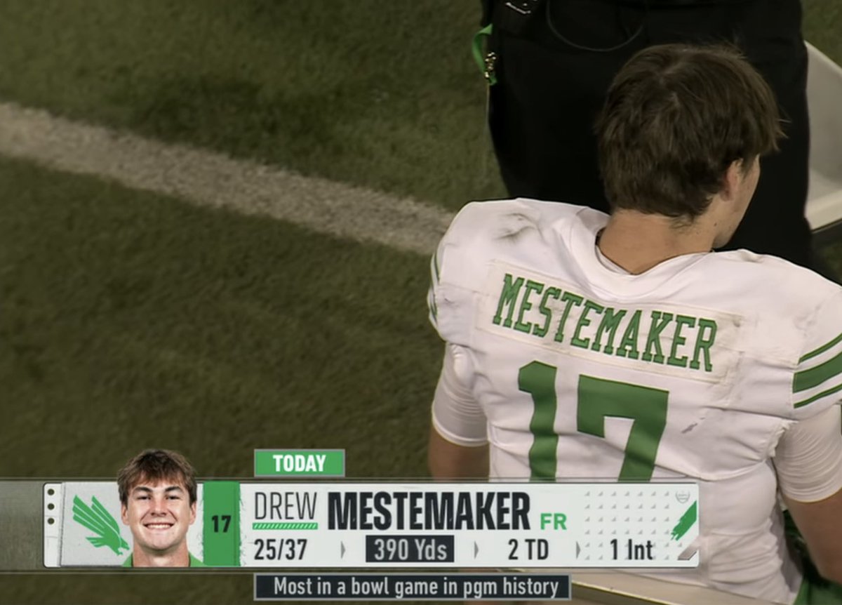 Today is Drew Mestemaker’s first start in a game since he was in 9th grade.

He now holds the North Texas program record for passing yards in a bowl game.