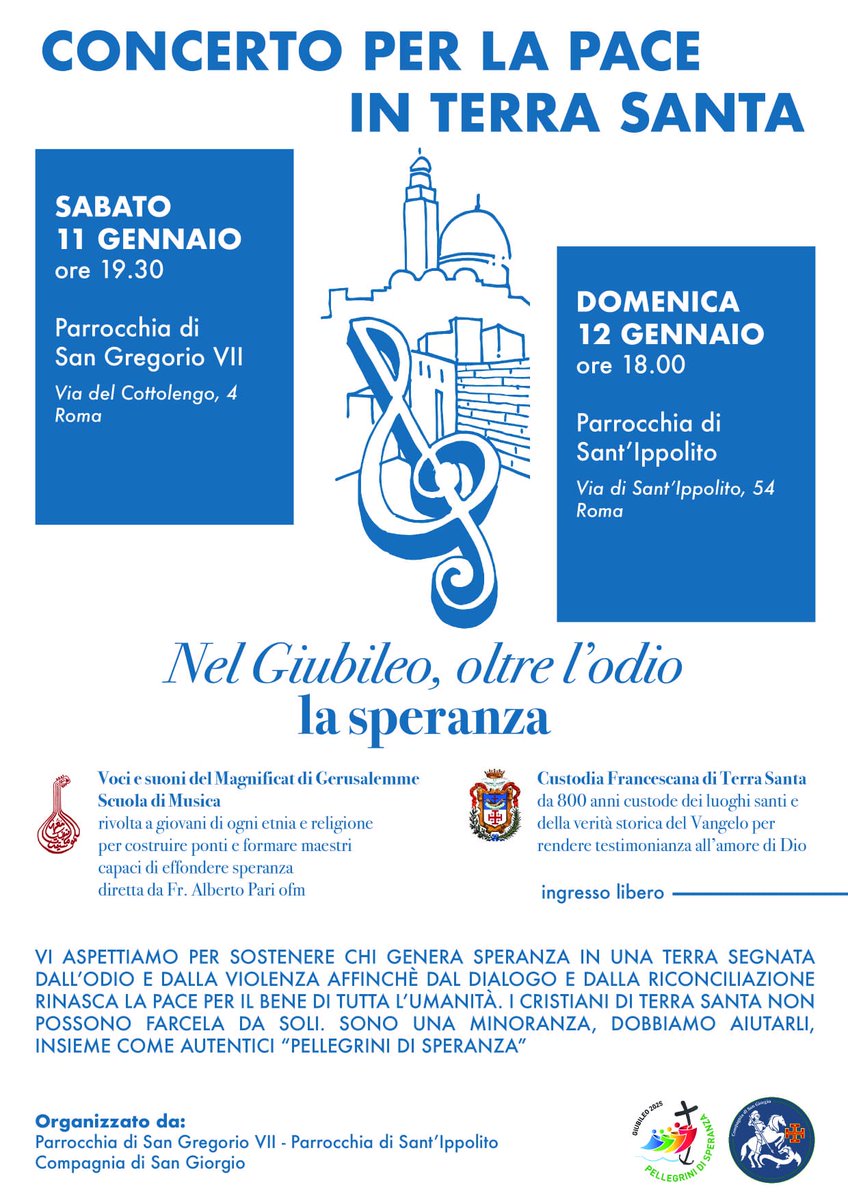 CompSanGiorgio's tweet image. Tornano i concerti dei giovani del Magnificat Institute Jerusalem per sostenere le ragioni della pace, per rinnovare una presenza, per accrescere una amicizia. A ROMA, sabato 11 Gennaio a San Gregorio VII e domenica 12 Gennaio a Sant'Ippolito ⚜️☘️✝️
magnificat.custodia.org