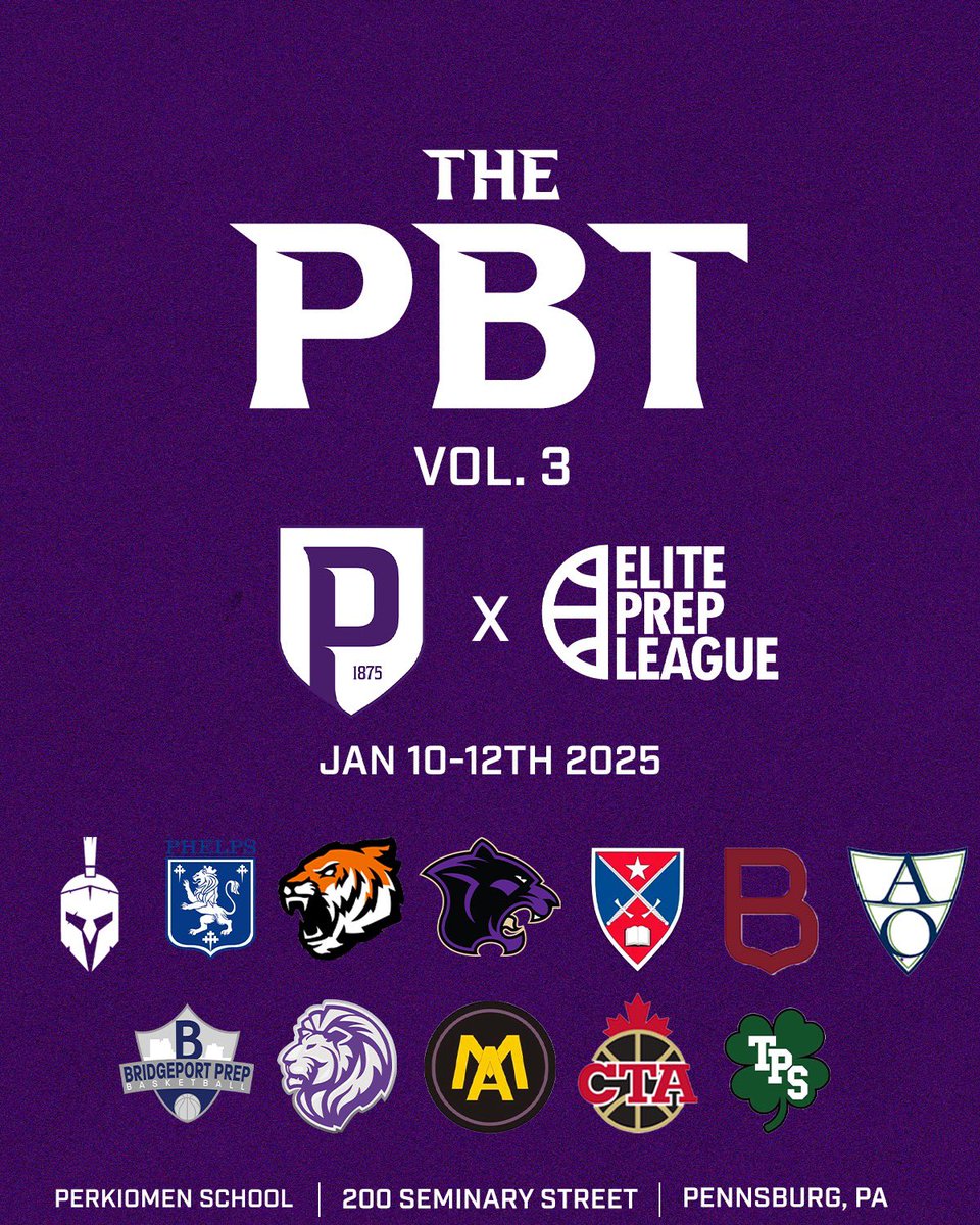 Perkiomen School Basketball (@perkbasketball) on Twitter photo The PBT Vol. 3 hosted by <a href="/PerkBasketball/">Perkiomen School Basketball</a> x <a href="/ElitePrepLeague/">ElitePrepLeague</a>
Next week 1/10-1/12 watch some of the premier Prep Schools showcase their talent in Pennsburg, PA!
#1 <a href="/MtZionPrep/">Mt. Zion Prep</a>
#9 <a href="/HargraveHoops/">Ben Veshi</a>
#15 <a href="/MMAPGBasketball/">Massanutten PG Hoops</a> <a href="/AOAPrepHoops/">Andrews Osborne Academy Prep Basketball</a> <a href="/CanadaTopflight/">Canada Topflight Academy</a> <a href="/FUMAPGbball/">Fork Union Military Academy Post-Grad Basketball</a> <a href="/wschristian_mbb/">Winston Salem Christian Men's Basketball</a> The PBT Vol. 3 hosted by <a href="/PerkBasketball/">Perkiomen School Basketball</a> x <a href="/ElitePrepLeague/">ElitePrepLeague</a>
Next week 1/10-1/12 watch some of the premier Prep Schools showcase their talent in Pennsburg, PA!
#1 <a href="/MtZionPrep/">Mt. Zion Prep</a>
#9 <a href="/HargraveHoops/">Ben Veshi</a>
#15 <a href="/MMAPGBasketball/">Massanutten PG Hoops</a> <a href="/AOAPrepHoops/">Andrews Osborne Academy Prep Basketball</a> <a href="/CanadaTopflight/">Canada Topflight Academy</a> <a href="/FUMAPGbball/">Fork Union Military Academy Post-Grad Basketball</a> <a href="/wschristian_mbb/">Winston Salem Christian Men's Basketball</a>