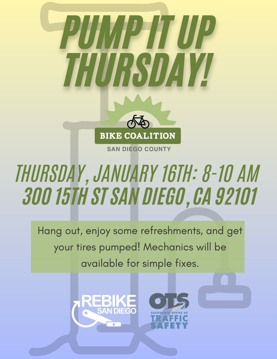 San Diego County Bike Coalition (@sdbikecoalition) on Twitter photo π΄ββοΈπ΄ββοΈ The San Diego County Bicycle Coalition will be hosting our third Pump It Up Thursday on January 16th from 8-10AM! ππ² Come by for some light refreshments and to get your tires filled! Special thanks to the California Office of Traffic Safety and rebikeSDβ€οΈπ΄ββοΈ#bikesandiego π΄ββοΈπ΄ββοΈ The San Diego County Bicycle Coalition will be hosting our third Pump It Up Thursday on January 16th from 8-10AM! ππ² Come by for some light refreshments and to get your tires filled! Special thanks to the California Office of Traffic Safety and rebikeSDβ€οΈπ΄ββοΈ#bikesandiego