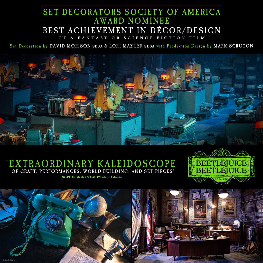 Beetlejuice (@beetlejuice) on Twitter photo The #Beetlejuice #Beetlejuice set decorating team has been nominated for Best Achievement in Décor/Design of a Fantasy or Science Fiction Film at the <a href="/OfficialSDSA/">Set Decorators Society of America</a> awards. Congratulations on your amazing work! The #Beetlejuice #Beetlejuice set decorating team has been nominated for Best Achievement in Décor/Design of a Fantasy or Science Fiction Film at the <a href="/OfficialSDSA/">Set Decorators Society of America</a> awards. Congratulations on your amazing work!
