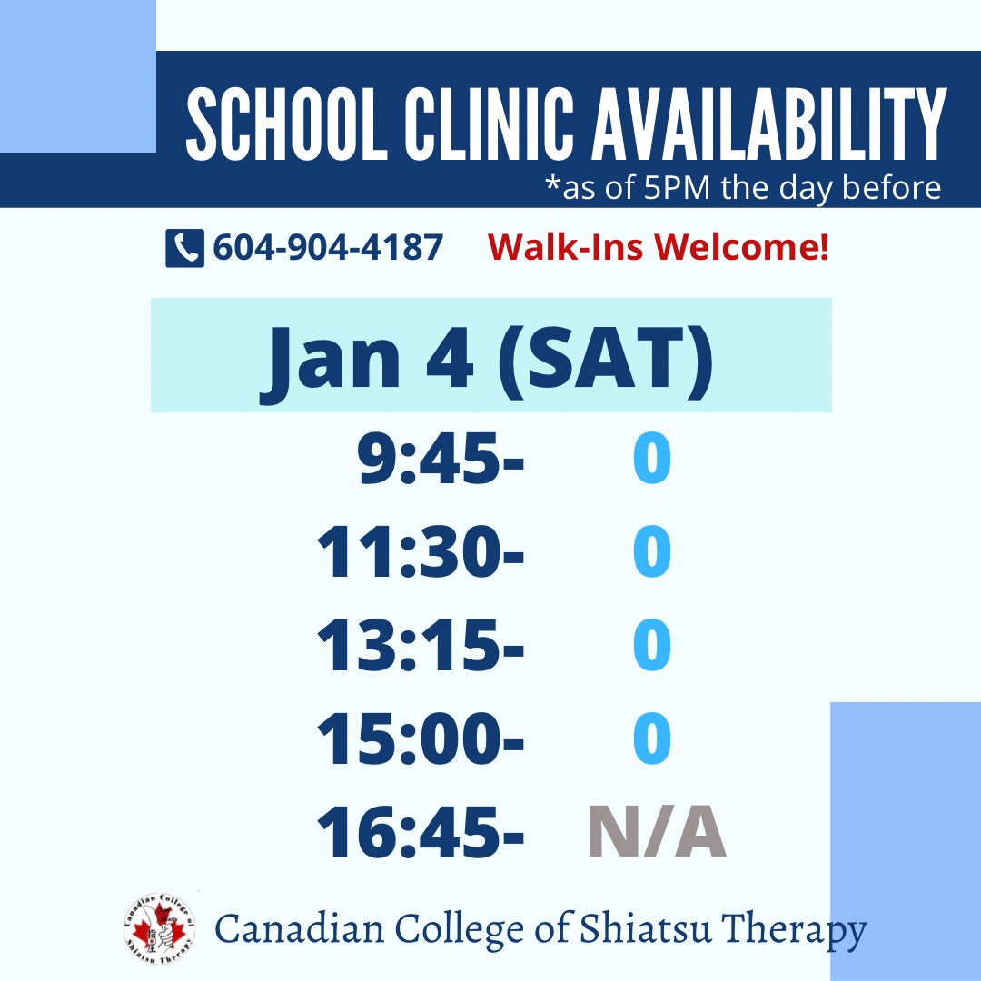 CCST142's tweet photo. Today’s School Clinic Availability (as of 9:30AM) 
Call us at 604-904-4187 or simply drop by our school @ 142 Lonsdale Ave, North Van, BC
75-90mins/$49.35
.
#northvancouver #shiatsu #shiatsutherapy #britishcolumbia #lowerlonsdale #relax  #walkin #CanadianCollegeofShiatsuTherapy https://t.co/UbHHe7fxpV