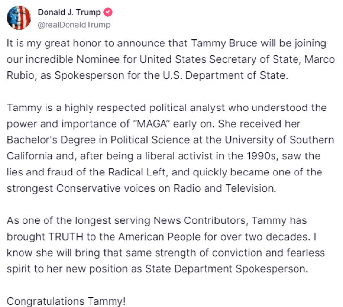 🚨BREAKING: Trump appoints Fox contributor Tammy Bruce as spokeswoman for the State Department.