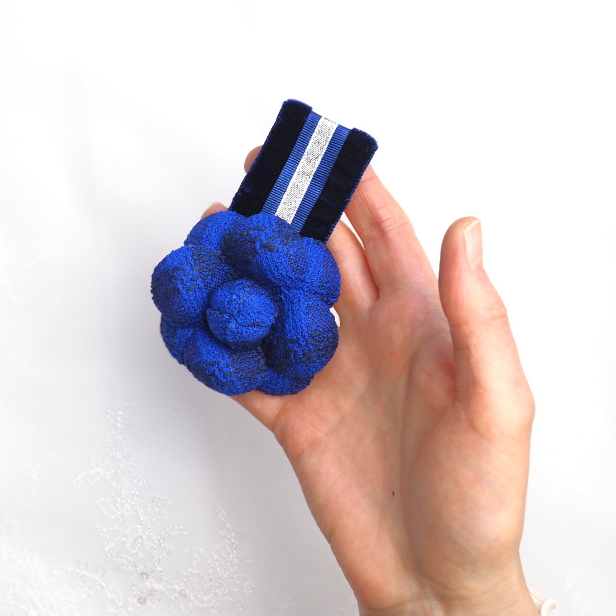 ready to ship FLOWER MEDAL BROOCHES:  red velvet poppy flower corsage and BLUE TWEED CAMELLIA brooch, military flower pins etsy.me/4fHfjHH via <a href="/Etsy/">Etsy</a>