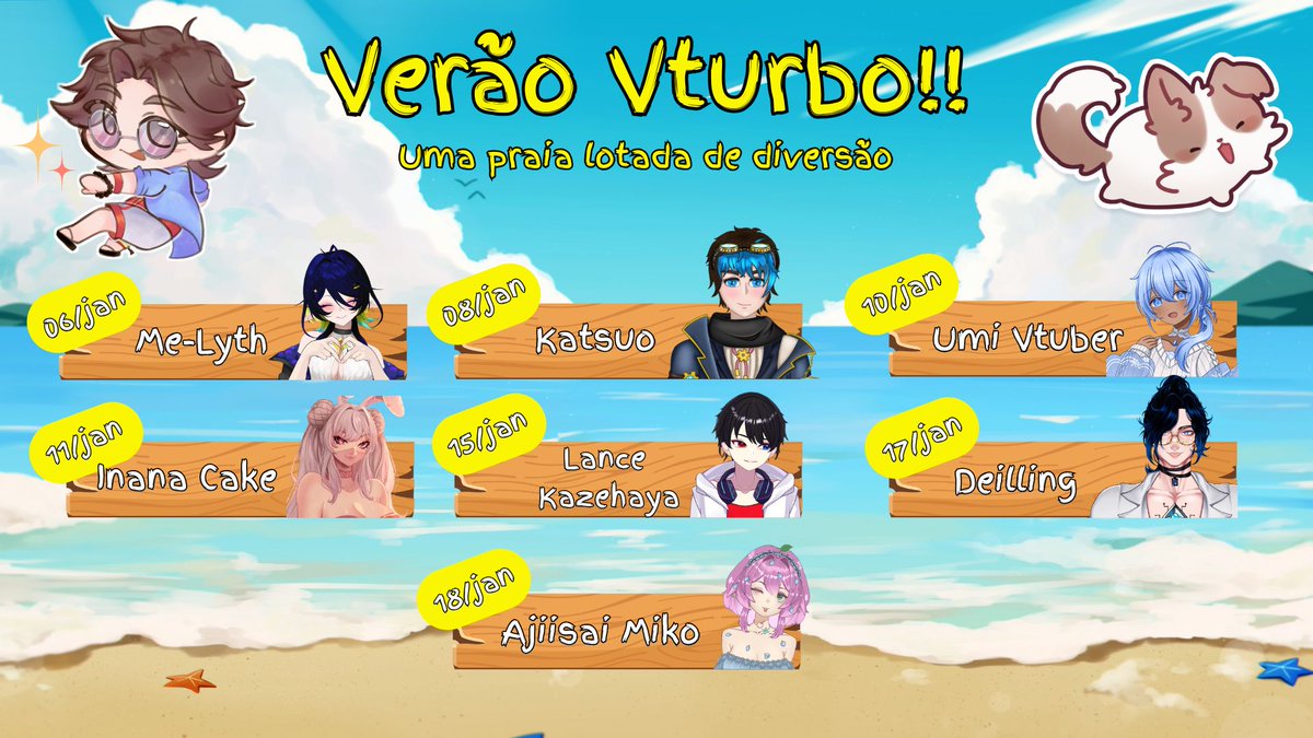 Feraligamer's tweet image. ☀️ ATENÇÃO ☀️

É com mt prazer q eu anuncio o #verãoVturbo! Nosso  chalé tá cheio de #vtubers louquinhos por uma praia, e vc também pode passar suas férias com eles!

Convidados: @Me_Lyth , @katsuo_s2 , @Umi_Vtuber , @inanacake , @LanceVtuber , @DeilingK , @ajiisaimiko