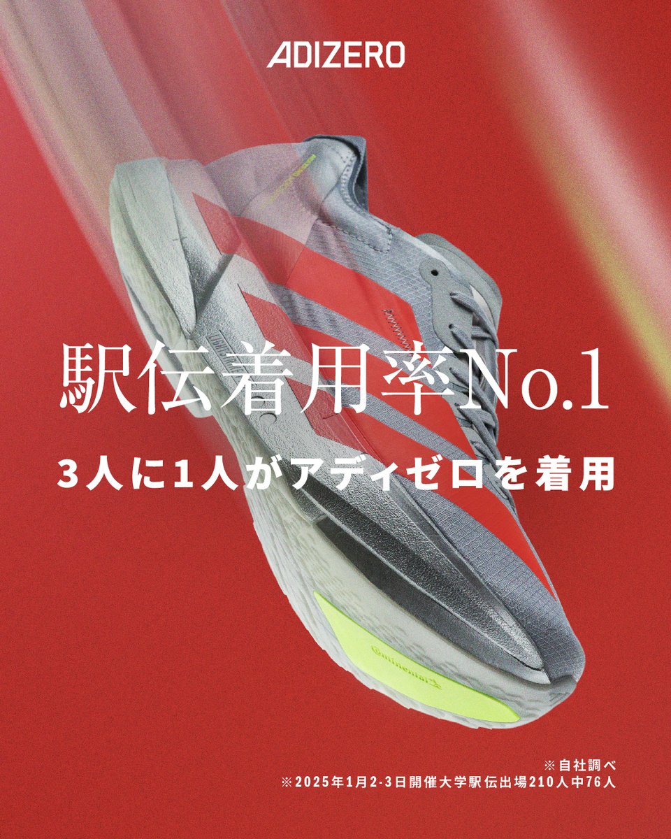 adidasJP's tweet photo. 今シーズンの三大大学生駅伝の記録を支えた #アディゼロ 。

区間賞、区間新記録、チーム優勝。
 
1秒でも速いタイムを目指すランナーと共に、20年にわたる歴史を積み重ねたアディゼロの挑戦は、終わらない。

👉 https://t.co/07cl31NKwo

#速くなるためのすべて #ADIZERO #adidasRunning https://t.co/U7lhzVqeaM