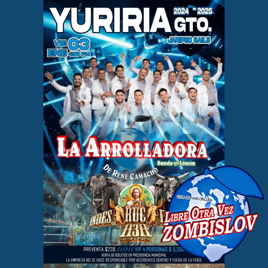 🔊 HOY VIERNES 0️⃣3️⃣ DE ENERO 
La  A R R O L L A D O R A
Banda El Limón de Don René Camacho 🕺🏻💚🍋 se presenta en:

 ▪️YURIRIA, GUANAJUATO.  🇲🇽 📍🌏  

Presentando el Tour:

♦️"AQUÍ HAY PARA LLEVAR" 🕺🏻✨💚🍋

#Arrolladora 🤤🕺🏻❤️ 
#ZombisLOV 🍋 💚 

#NuevaEraABL 👌🏻👏🏻❤‍🔥