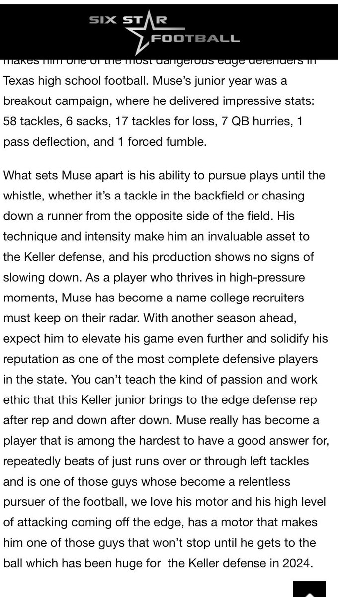 CalebMuse2026's tweet image. Thank you @sixstarfootball for the mention in your article!
Im constantly working on my craft and getting better each and every day!
These stats were cool, but not enough for me to be happy with and can’t wait to have a breakout Senior year doubling these stats:
⁃58 tackles…