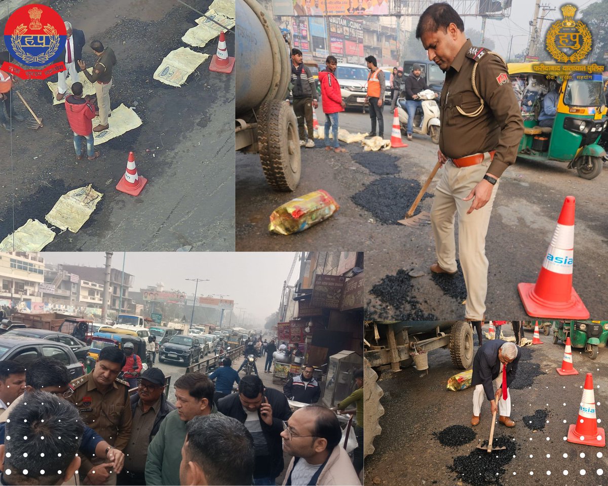 FTPfbd's tweet image. To ensure smooth flow of traffic, #Faridabad Police did #patching at &quot;Neelam Gol Chakkar&quot; and removed an electric pole from &quot;Highway Badkhal Chowk&quot; which was causing Traffic Jam.#jamfreefaridabad 
@cmohry @DGPHaryana @DC_Faridabad @IGtraffic_hry