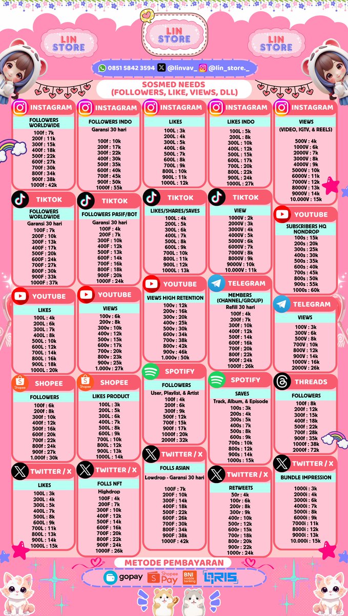 Hai yang lagi nyari sosmed needs followers likes 📱 cuss di LIN STORE🩷 harga terjangkau 🌟 100% TRUSTED pastinya~🎀
#zonauang

౨ৎ —— 💌 testi :: x.com/linvav_/status…
౨ৎ —— ☎️ 🅆🄰 (fast respon) :: wa.me/6285158423594
౨ৎ —— 🏩 🄳🄼 (tag @ after dm)