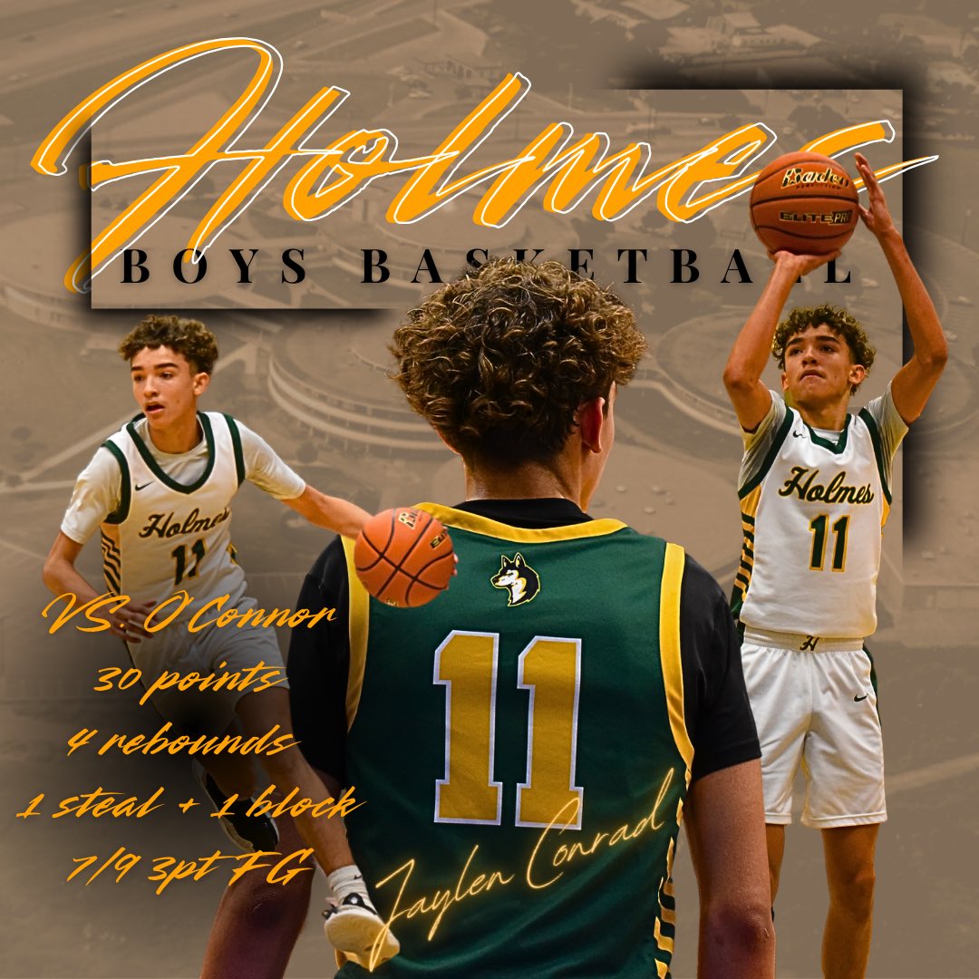 Shoutout to junior <a href="/HolmesHuskyBB/">Holmes Basketball</a> guard <a href="/JaylenConr85241/">Jaylen Conrad</a> scoring a career high 30 points today vs the disciplined O’Connor squad today! Jaylen also snagged 4 rebounds while shooting 7/9 from long-distance. Hard work paying off for this young man!