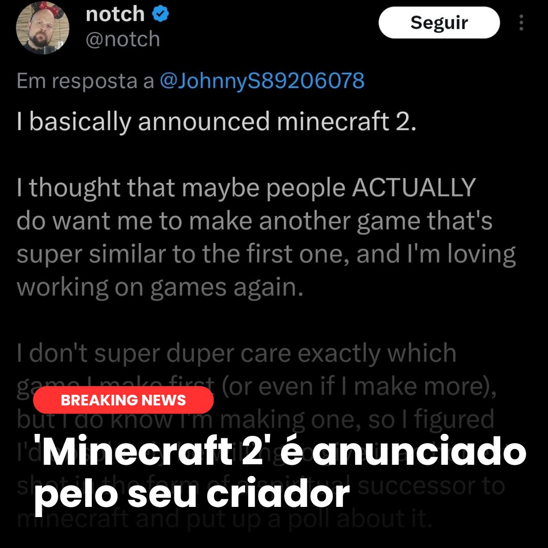 SaveDropGames's tweet image. notch, criador de Minecraft, não tem mais os direitos do jogo, porém anunciou em seu Twitter que está desenvolvendo um sucessor espiritual do jogo, o mesmo chamou seu projeto de "basicamente um Minecraft 2".