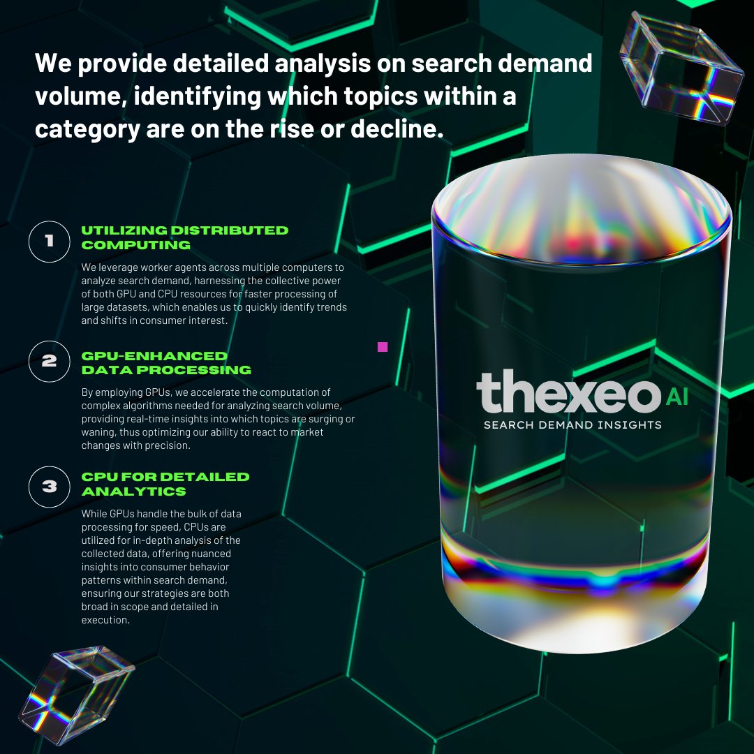 thexeoai's tweet photo. Supercharge your data with distributed computing - workers across multiple PCs tap into GPU &amp; CPU power🚀

GPUs blitz through data for lightning-fast trend spotting. 🔥

CPUs dive deep for the nitty-gritty on consumer behavior. 🧐

#ICOAlert
#CryptoInvest
#AltcoinGem
#TokenSale https://t.co/dGRxym2oxL