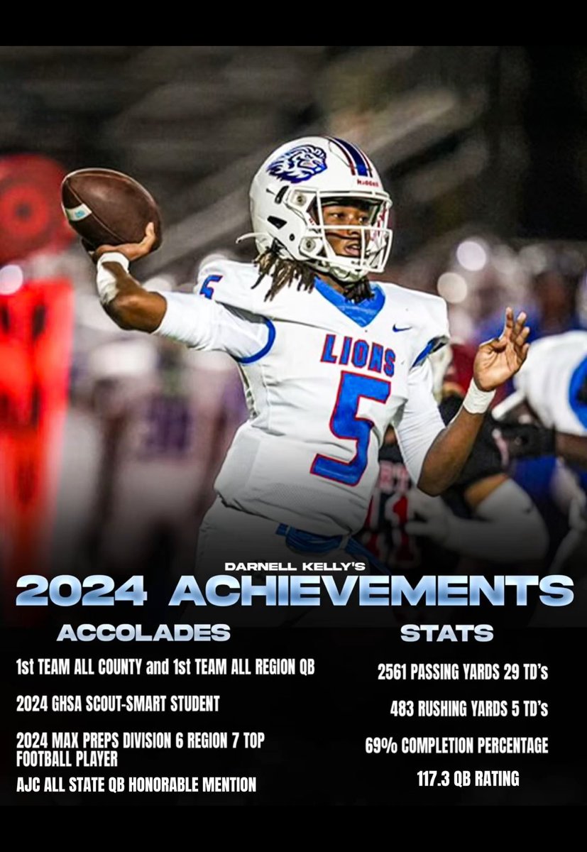 Darnell Kelly “The Created Player” C/O 26 (@tcreatedplayer) on Twitter photo I am very blessed to be in this position thanks to Yahweh, my family, coaches, and teammates!
In my two years starting, I’ve totaled 3,000+ yards each season apart one of the best classifications in the nation: 6A Georgia Football!
<a href="/DukestheScoop/">Phillip Dukes</a> <a href="/artink67/">Ahmand Tinker - personal page</a> <a href="/Andy_Villamarzo/">Andy Villamarzo</a> I am very blessed to be in this position thanks to Yahweh, my family, coaches, and teammates!
In my two years starting, I’ve totaled 3,000+ yards each season apart one of the best classifications in the nation: 6A Georgia Football!
<a href="/DukestheScoop/">Phillip Dukes</a> <a href="/artink67/">Ahmand Tinker - personal page</a> <a href="/Andy_Villamarzo/">Andy Villamarzo</a>
