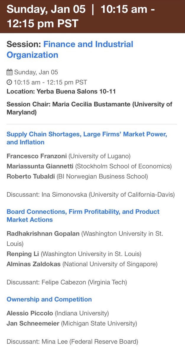 Come join us for the "Finance and Industrial Organization" session on Sunday morning at AFA 😊

I will present "Board Connections, Firm Profitability, and Product Market Actions", joint with Radha Gopalan and <a href="/alminas/">Alminas Zaldokas</a>.