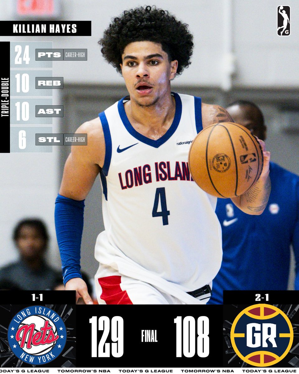 nbagleague's tweet image. Killian Hayes stuffed the stat sheet to help lead the Nets to their first win of the season. The Nets had three 20+ point scorers, shot 60% from the field, and outscored the Gold 62-47 in the second half.

🗽 Evbuomwan: 39 PTS, 5 REB, 65% FG
🗽 Timme: 25 PTS, 10 AST, 9 REB