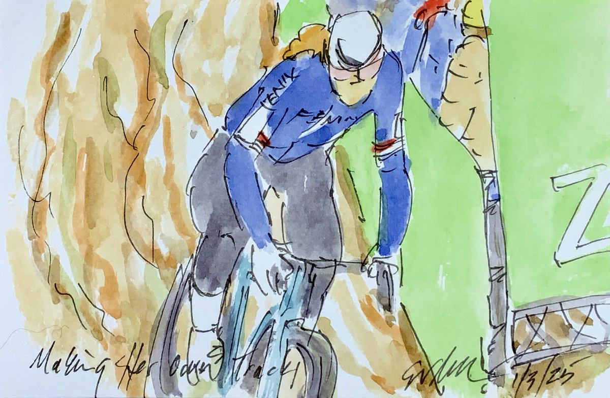 ArtofCycling's tweet photo. "Making Her Own Track" Puck Pieterse @FenixDeceuninck rides clear to win #Koksijde #CX! See all of my #womenscycling #art #watercolors at https://t.co/4j6uLsYsKy #cycling #cyclisme #ciclsimo #wielrennen @eurosport https://t.co/KA4YKuW7Ss