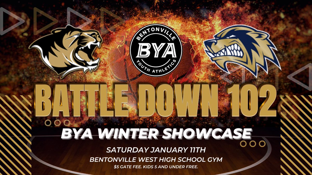 NEXT Saturday, come and see the up and coming talent feeding into <a href="/WEAREBVILLE/">Bentonville Basketball</a> , <a href="/BvilleGirlsBB/">Bentonville Girls BB</a>  and <a href="/BWHS_Hoops/">West High Hoops</a> , <a href="/BWHS_WBB/">BWHS Lady Wolverines</a> . It's going to be an awesome day of 🏀 that we'd love to see our entire community support! Gates open @ 8:15am. First tip off is @ 9am!