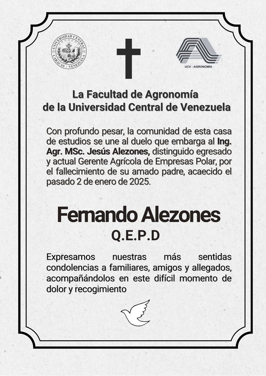 Nos unimos al duelo que embarga a nuestro egresado y amigo Jesús Alezones por el fallecimiento de su padre, el Sr. Fernando Alezones QEPD.