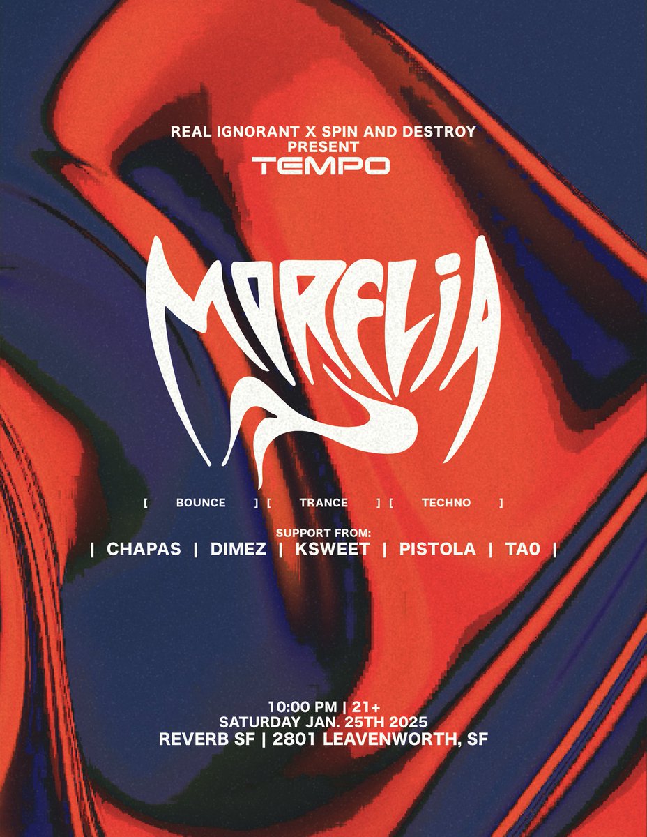 SAN FRANCISCO! We are kicking off 2025 strong with a collab show with our good friends <a href="/SpinAndDestroy/">S.A.D. Events</a> to bring you our new Party TEMPO! 
Bounce,Trance, Techno, and all in between! W our headliner: <a href="/MoreliaOfficial/">🐍Morelia🕷</a> 
We're kicking off 2025 with a bounce! at the newest club in SF