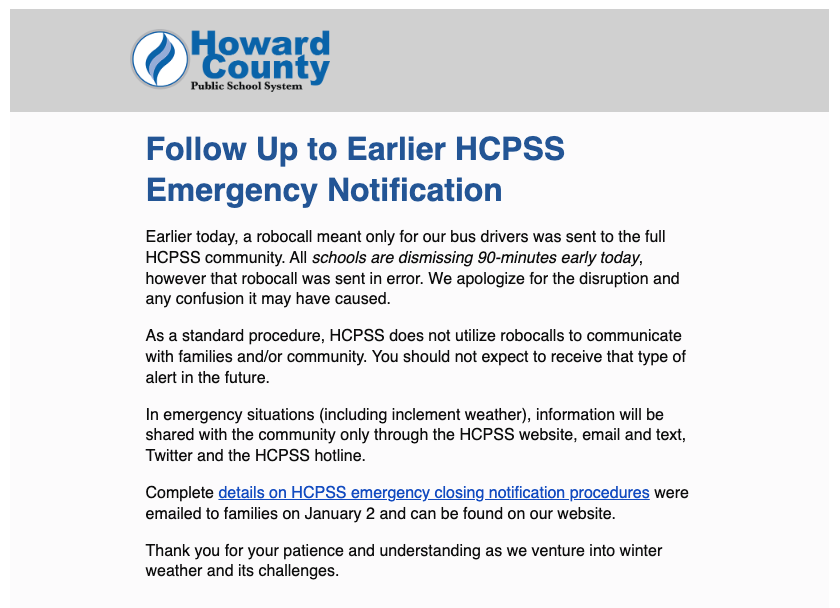 HoCoStudentNews's tweet photo. HCPSS has issued a clarification today after an emergency robocall, intended solely for bus drivers, was mistakenly sent to those who signed up for traditional text/email alerts. https://t.co/U6YqzPpA6h