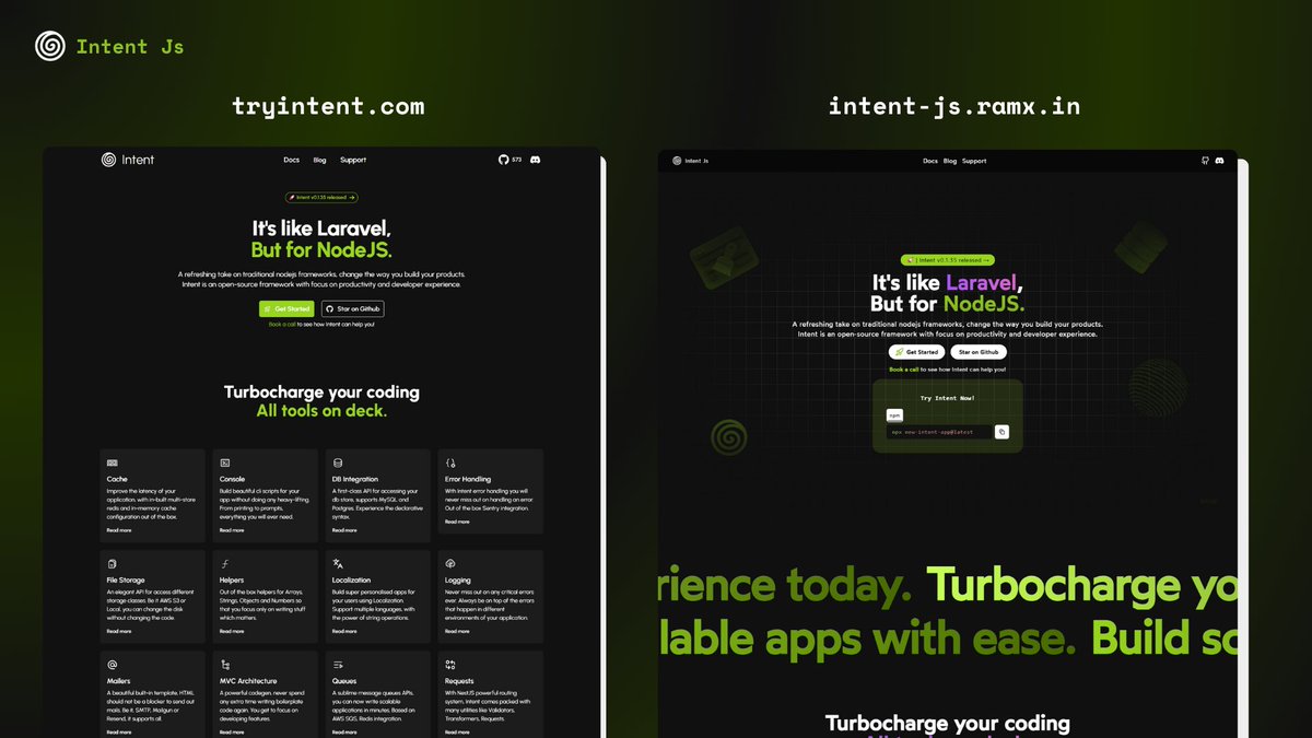 ramxcodes's tweet image. Revamped website of @intentjs because, 
well, i was bored hehe

Took on the challenge and shipped it in under 10 commits.

👉🏻 Check it out: intent-js.ramx.in

Thoughts, @vinayak2506?