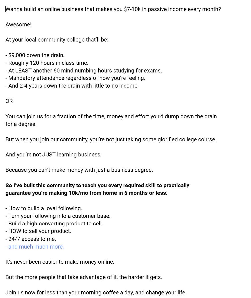 You think "good sales" is manipulation.

Lying to idiots who are dumb enough to believe you.

That's how we get copy like in image #1.

The problem?

- You'll only ever get to work with idiots.
- You'll have a lot of pissed off clients.
- You'll never get results.

The solution?
