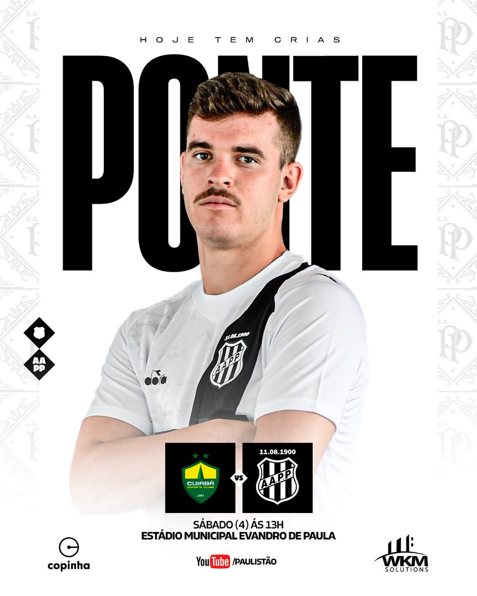 aapp_oficial's tweet photo. Hoje tem as #CriasDaMacaca em campo! Com muita garra e determinação, vamos encarar o Cuiabá no 1° desafio da Copa São Paulo de Futebol Júnior 2025. 𝑽𝒂𝒎𝒐𝒔, 𝑷𝒐𝒏𝒕𝒆𝒆𝒆𝒆!🔥🦍
#CUIxPON
🏆 @copinha
🆚 Cuiabá
⏰ 13h
🏟️ Estádio Evandro de Paula
▶️ YouTube/Paulistão https://t.co/ElcVqzdqxK