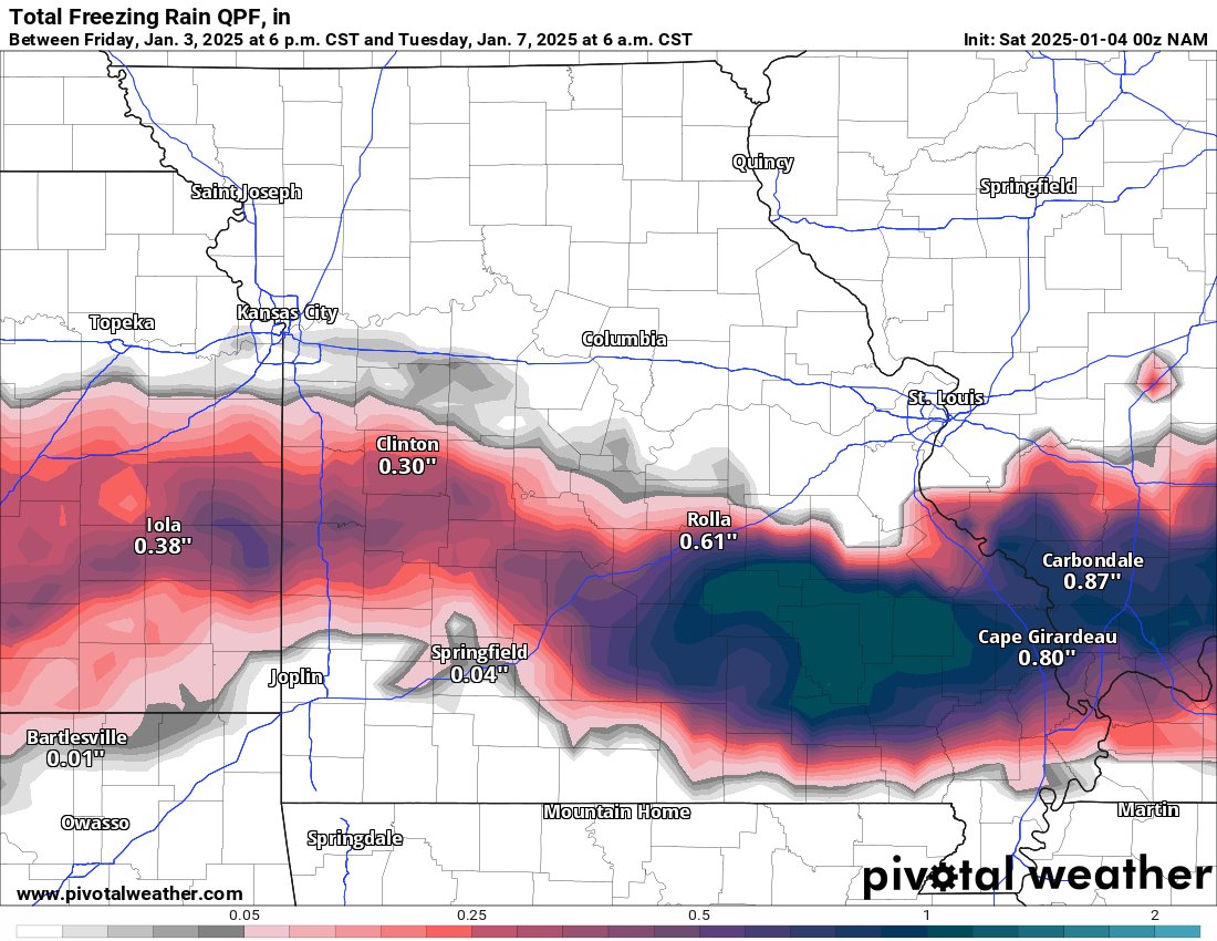 slothwx's tweet image. Models are starting to come together on the winter storm this weekend. All types of precipitation possible. Right now, #SGF area barely misses heavy freezing rain swath. This all could change the closer we get, depending on the exact low pressure track. #repmo #nixa #ozark #mowx