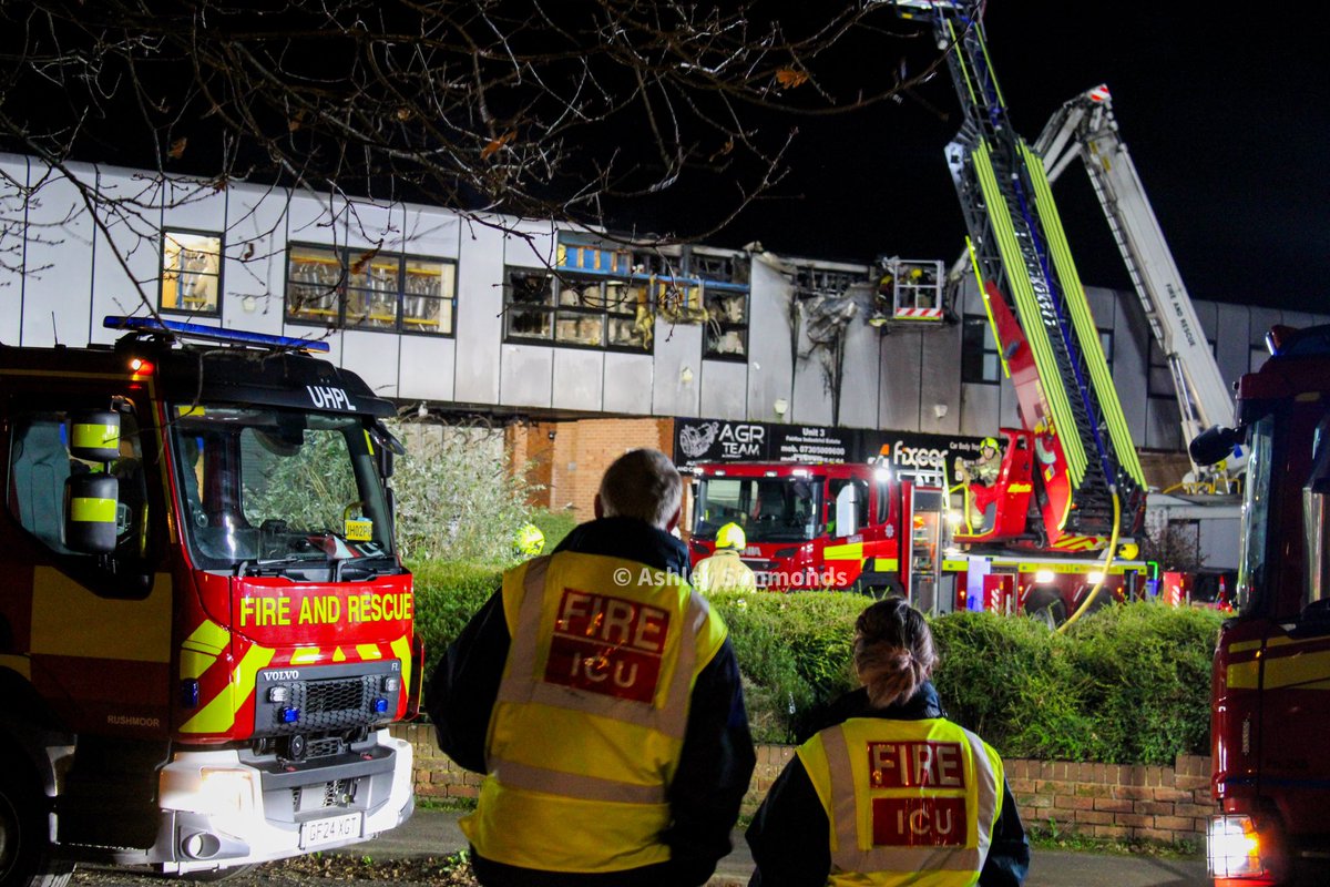 In the early hours of Wednesday morning fire fighters were called to an industrial unit fire in aldershot. Crews arrived to find active fire. At the height of the incident 8 pump, 2 arial ladder platforms, 1 RSV and command units was on scene.
