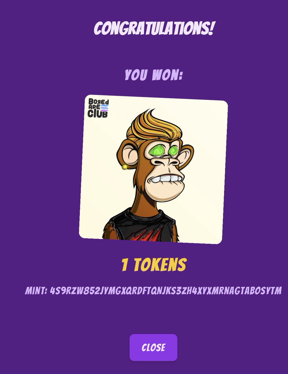 K1NGFIVE's tweet image. Being a member in the @LunardollzNft Crown DAO comes countless benefits  A Crown favorite is when the %’s are upped to a near guarantee win rate. Within a couple spins you win NFTs that have a decent/excellent fp. Today was my turn with this @BoredApeSolClub win 
#SpinItToWinIt