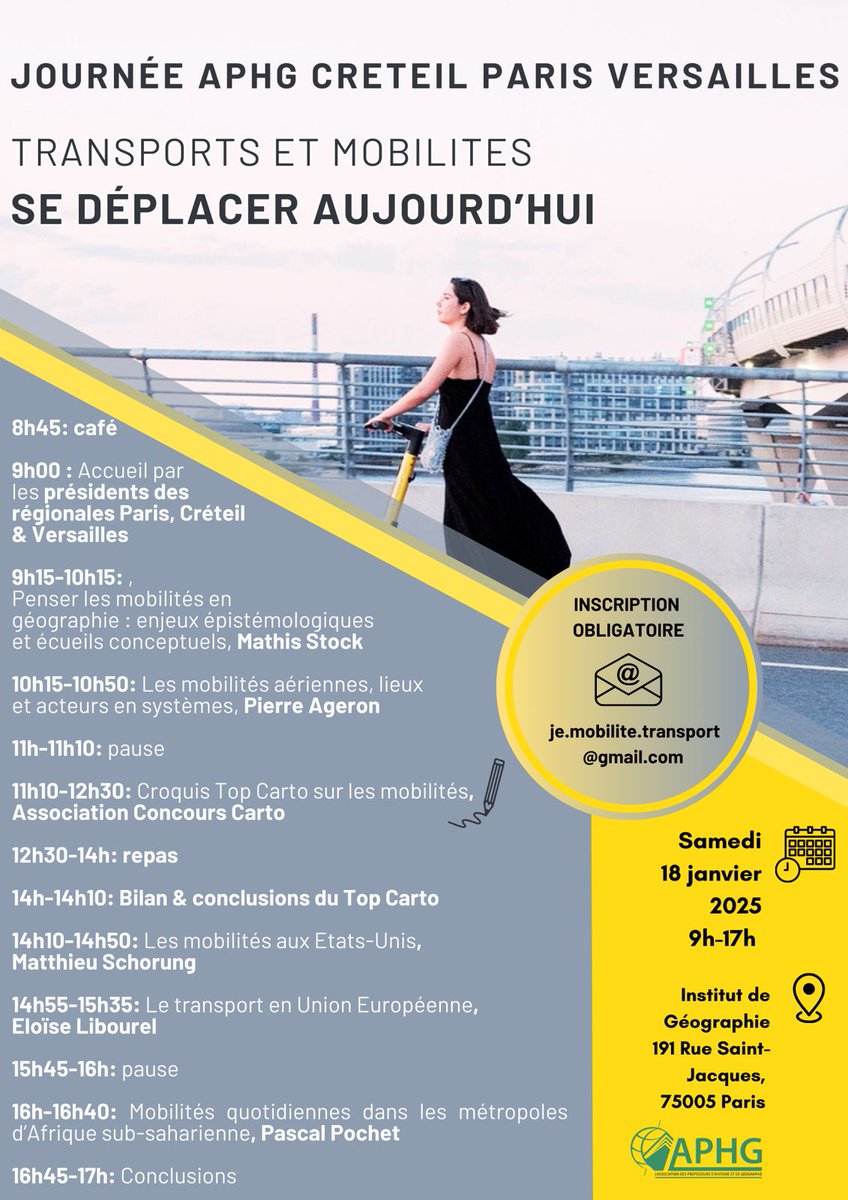 Aphg Créteil (@aphgcreteil) on Twitter photo 🌍✈️Le 18.01.2025, avec l'<a href="/APHG_Paris/">APHG Paris</a> et l'<a href="/APHGVersailles/">APHG Versailles</a>, nous recevons <a href="/PierreAGERON/">Pierre AGERON</a>. Enseignant en CPGE à Strasbourg son intervention sera l'occasion d'échanger sur les lieux et les acteurs des mobilités aériennes.
Inscriptions à : je.mobilite.transport@gmail.com 🌍✈️Le 18.01.2025, avec l'<a href="/APHG_Paris/">APHG Paris</a> et l'<a href="/APHGVersailles/">APHG Versailles</a>, nous recevons <a href="/PierreAGERON/">Pierre AGERON</a>. Enseignant en CPGE à Strasbourg son intervention sera l'occasion d'échanger sur les lieux et les acteurs des mobilités aériennes.
Inscriptions à : je.mobilite.transport@gmail.com