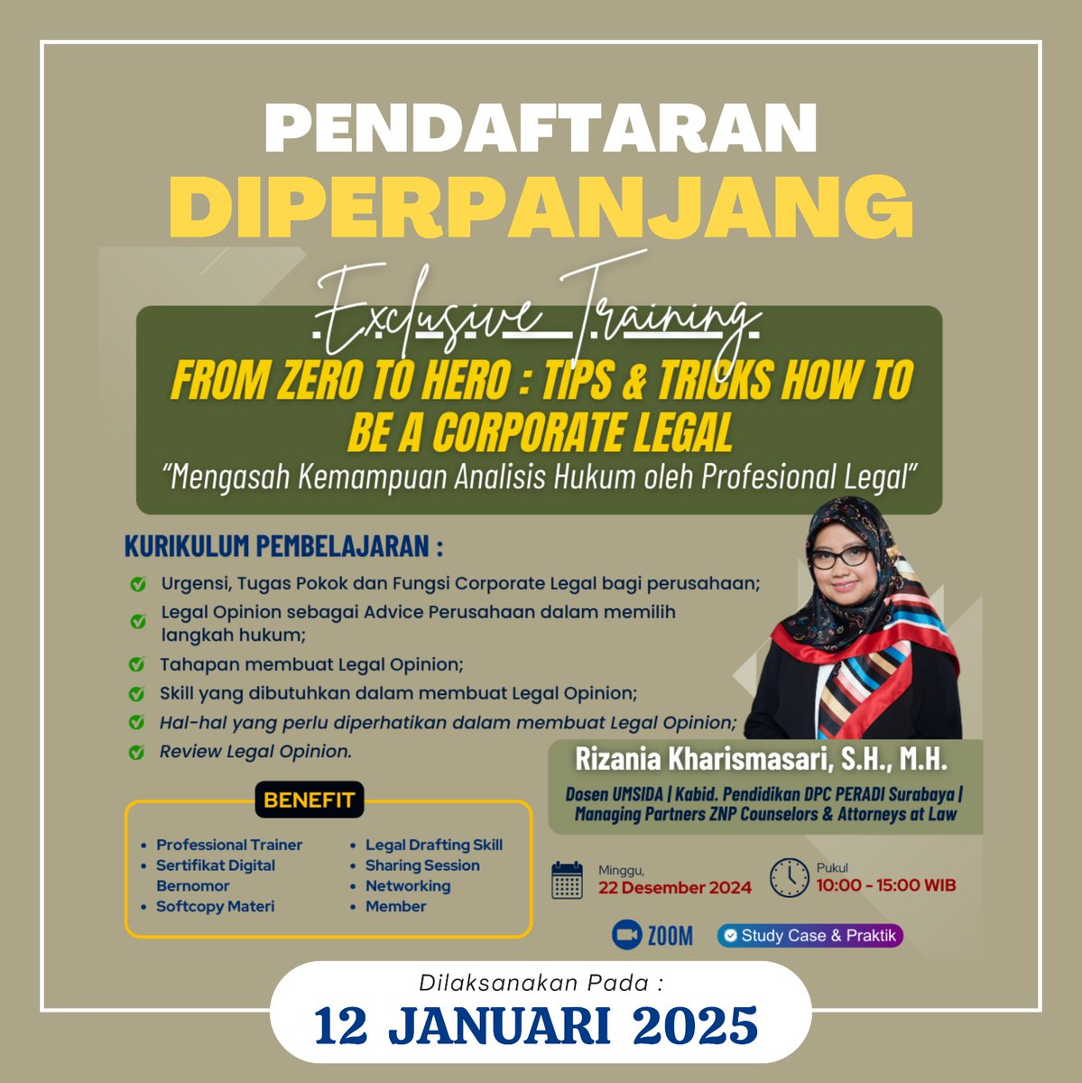 _FarrahMiftah's tweet image. 📌 Pendaftaran Diperpanjang 
✨ FROM ZERO TO HERO: TIPS &amp;amp; TRICKS HOW TO BE A CORPORATE LEGAL ✨

🗓️ 22 Des 2024
⏰ 10:00-15:00 WIB
📍 Zoom
🔗 Registrasi: bit.ly/TrainingLCID5

🚨 Kuota terbatas! 
📩 085785745843 (Dewi)

#legalcakra #legalopinion #legalcourse
