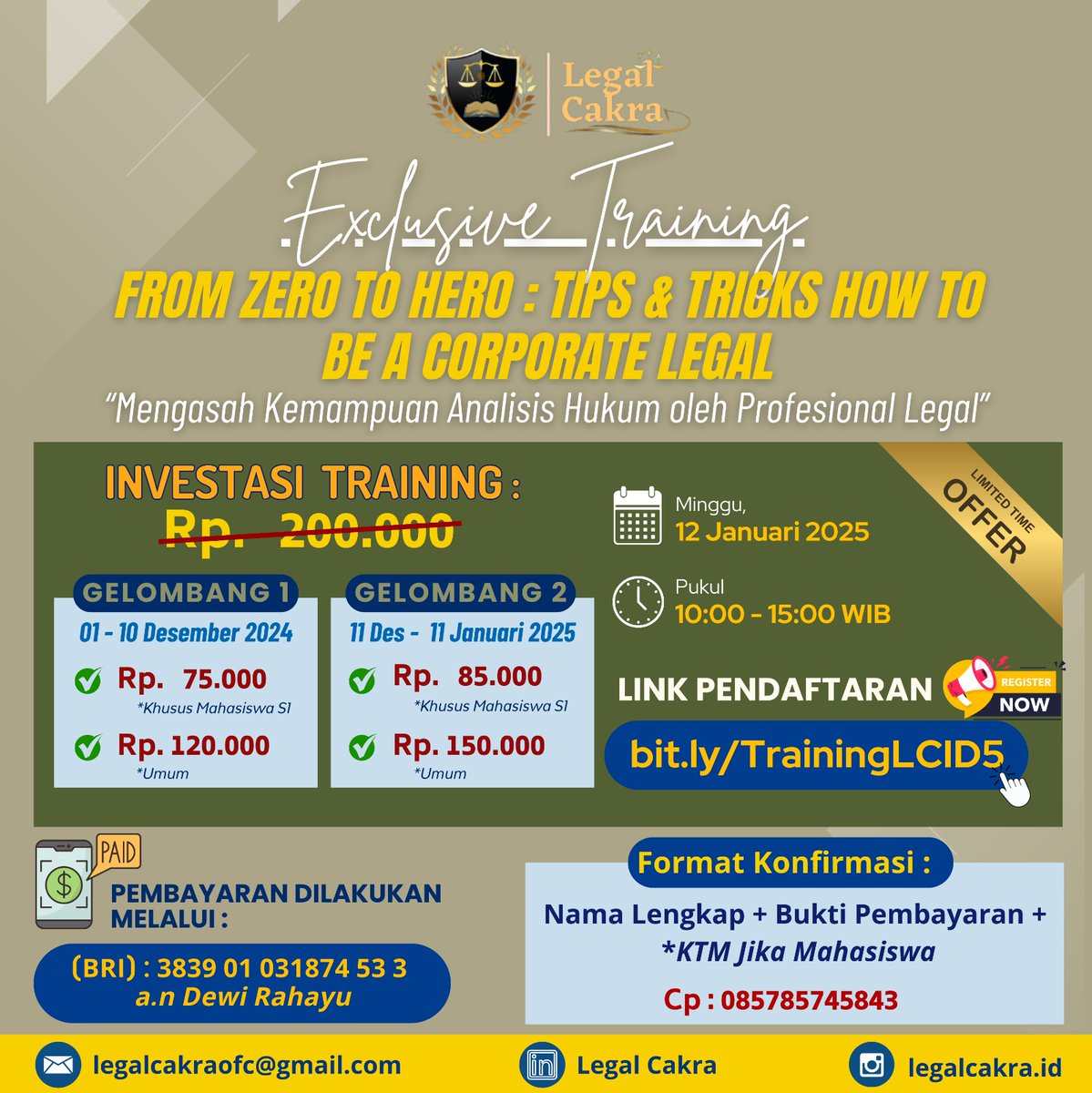 _FarrahMiftah's tweet image. 📌 Pendaftaran Diperpanjang 
✨ FROM ZERO TO HERO: TIPS &amp;amp; TRICKS HOW TO BE A CORPORATE LEGAL ✨

🗓️ 22 Des 2024
⏰ 10:00-15:00 WIB
📍 Zoom
🔗 Registrasi: bit.ly/TrainingLCID5

🚨 Kuota terbatas! 
📩 085785745843 (Dewi)

#legalcakra #legalopinion #legalcourse