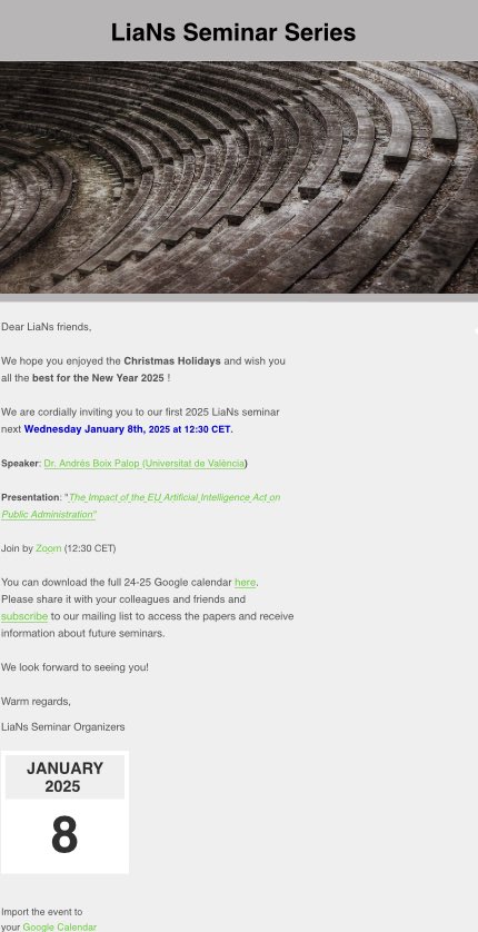 NEXT LiaNs SEMINAR at ⁦<a href="/UPFBarcelona/">UPF Barcelona</a>⁩
The impact of the EU AI Act on Public Administrations, with ⁦<a href="/Andres_Boix/">andrés</a>⁩
More info at:
lians-seminar.com