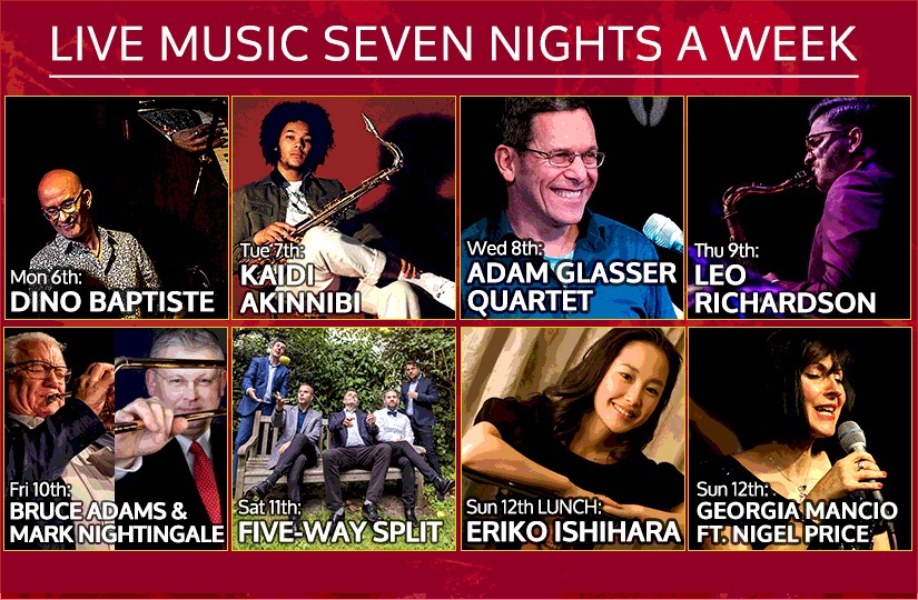 What's on @ the Club 6-12 January 🎶 #jazzclub

Mon: Dino Baptiste
Tue: Kaidi Akinnibi
Wed: <a href="/AdamGHarmonica/">Adam Glasser</a> 
Thu: <a href="/MrLeoRichardson/">Leo Richardson</a> 
Fri: Bruce Adams / Mark Nightingale
Sat: Five Way Split
Sun #Lunch: Eriko Ishihara
Sun: Georgia Mancio ft <a href="/Nigethejazzer/">Nigel Price</a> 

606club.co.uk/events