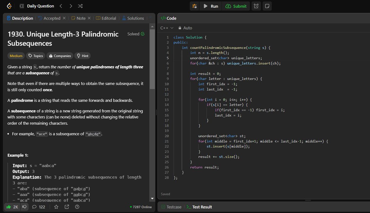 🚀 #LeetCode POTD (Day 61) ✅

💡 Approach (Set + Two Pointers)

1️⃣ Identify first &amp; last occurrence of each character.
2️⃣ Collect unique middle characters for valid ranges.
3️⃣ Return the count of unique palindromic subsequences.