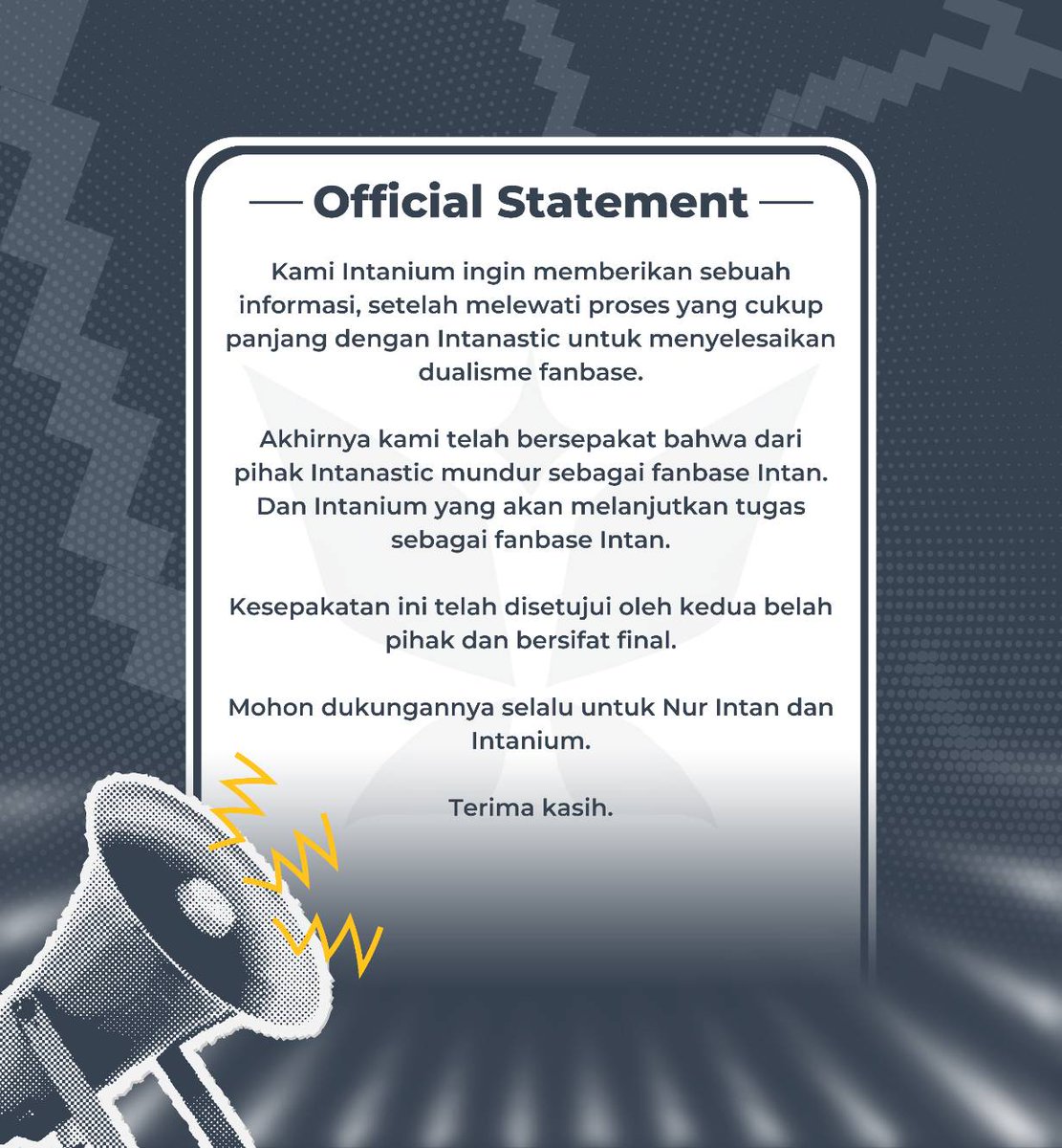 intanium_ofc's tweet image. - Official Statement -

Halo semuanya! 👋

Berikut kita sampaikan hasil dari diskusi Intanium dan @Intanastic_id semalam, inilah hasil final dari kami berdua. 

Mohon dukungannya selalu untuk Intanium dan Kak nuy yah! 🙌

#BERKILAU