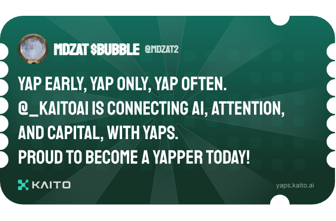 mdzat2's tweet photo. Yap early, yap only, yap often.

@_kaitoai is connecting AI, attention and capital with Yaps.

Just claimed my social card and I'm accumulating Yap points in real-time.

Claim yours 👉 https://t.co/O2qw5THBzS https://t.co/8uV7520lsM