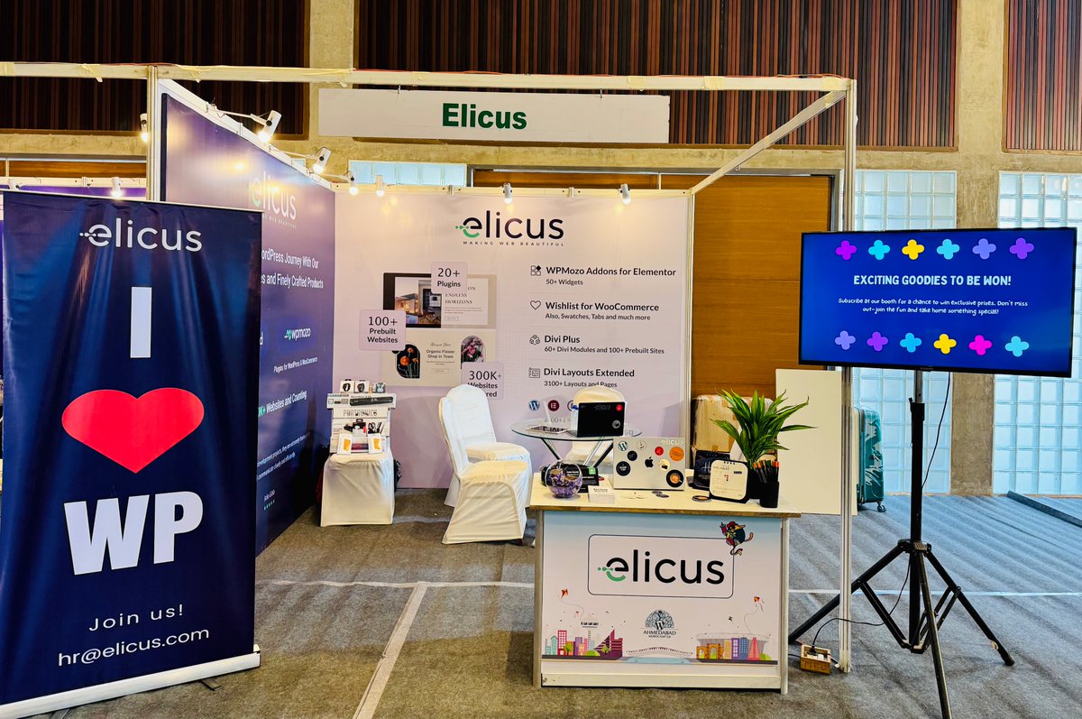 helloelicus's tweet image. Team @helloelicus  is at #WordCamp @WCAhmedabad! 🎉
Visit our booth to discover #WordPress tools, grab cool swags, and stand a chance to win exciting prizes. Let’s connect! 🌟
#WCAhmedabad