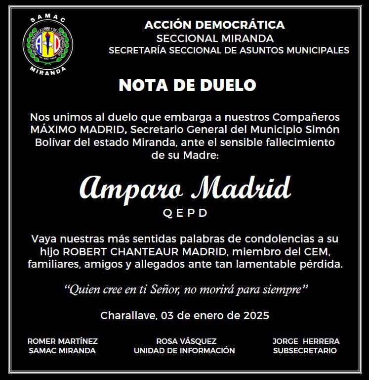 Nuestras más sentidas palabras de condolencias a nuestro querido hermano y mejor compañero Máximo Madrid, familiares y allegados...
Paz a su alma...
<a href="/ADMirandaCES/">ADMIRANDA</a> 
<a href="/samacm/">Sam ACM</a>