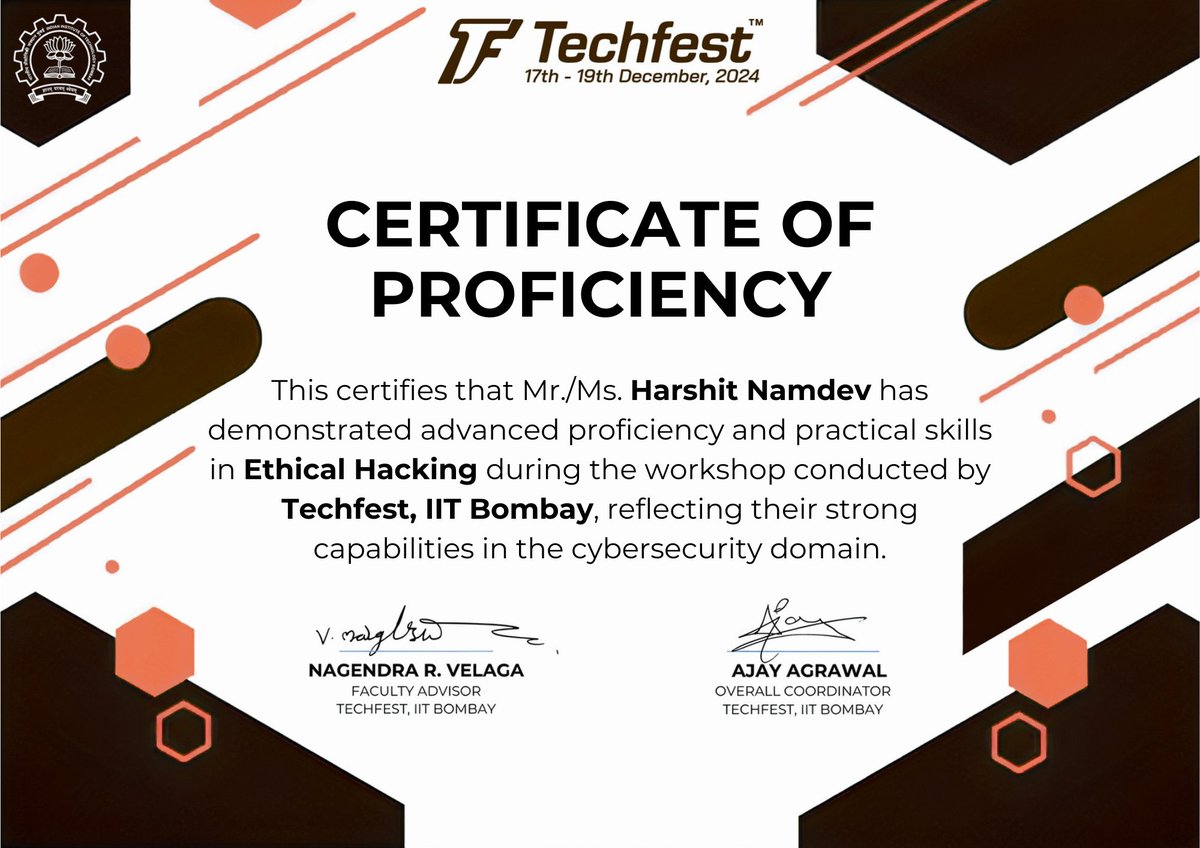 HarshitNamdev0's tweet image. Finally got a certificate of iit Bombay ( indian institute of technology) ethical hacking workshop.