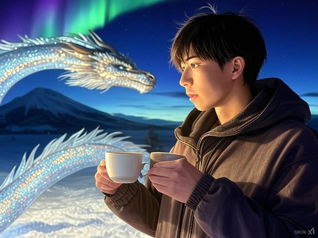 飛躍の年として、コーヒーを飲むヒナタ（男）と龍（ヘビ）。
あれ？1っ個、眼鏡忘れてる笑