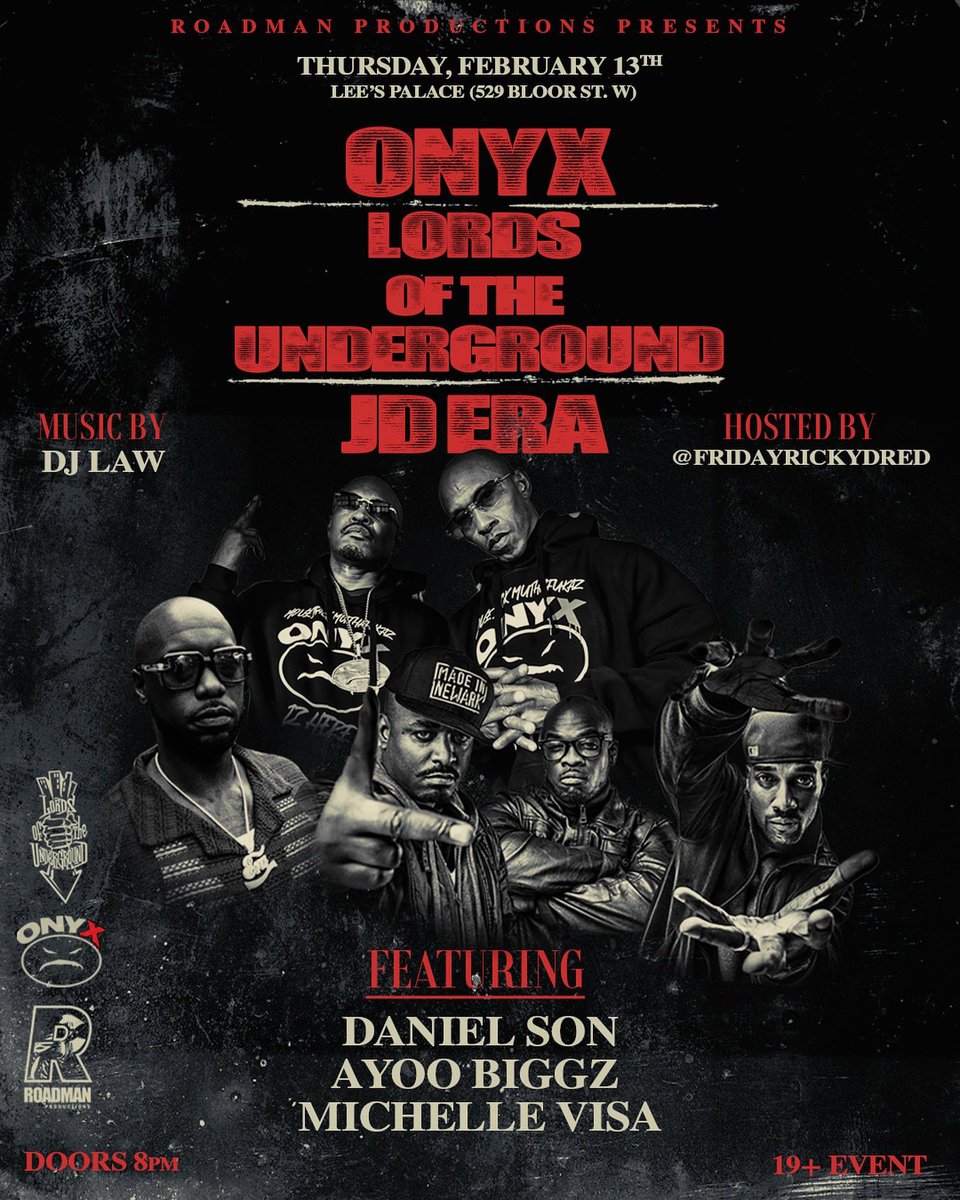 ‼️<a href="/ONYX_HQ/">ONYX</a> &amp; <a href="/LOTUG1/">Lords Of The Undgrnd</a> &amp; <a href="/jdera/">JD Era</a> &amp; Ayoo Bigz ++ live in Toronto 🇨🇦 <a href="/LeesPalaceTO/">Lee's Palace</a> 13/02/25 🎟️ ticketweb.ca/event/onyx-lor… #100MAD