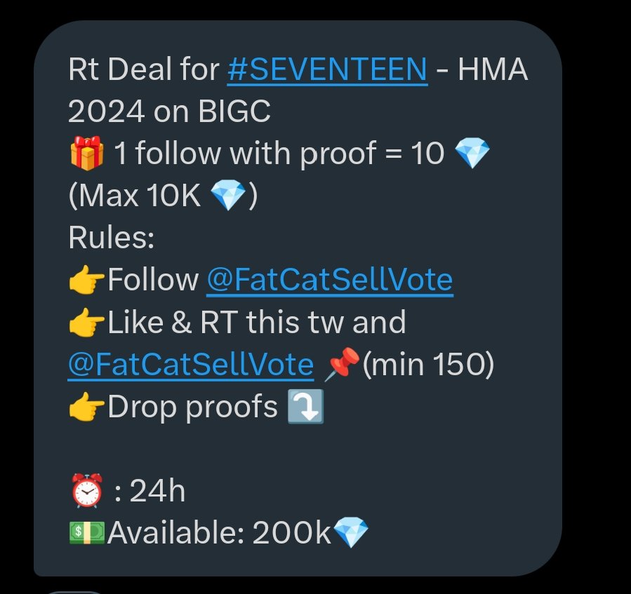 joshu_jihanist's tweet photo. CARATS, let's finish this ASAP! 🆘📢

Rt Deal for #SEVENTEEN - HMA 2024 on BIGC

🎁 1 follow with proof = 10 💎
(Max 10K 💎)

Rules:
👉Follow @FatCatSellVote 
👉Like &amp; RT this tw and @FatCatSellVote 📌(min 150)
👉Drop proofs ⤵️ 

⏰ : 24h
💵Available: 200k💎 https://t.co/4KQmYIXJJ1
